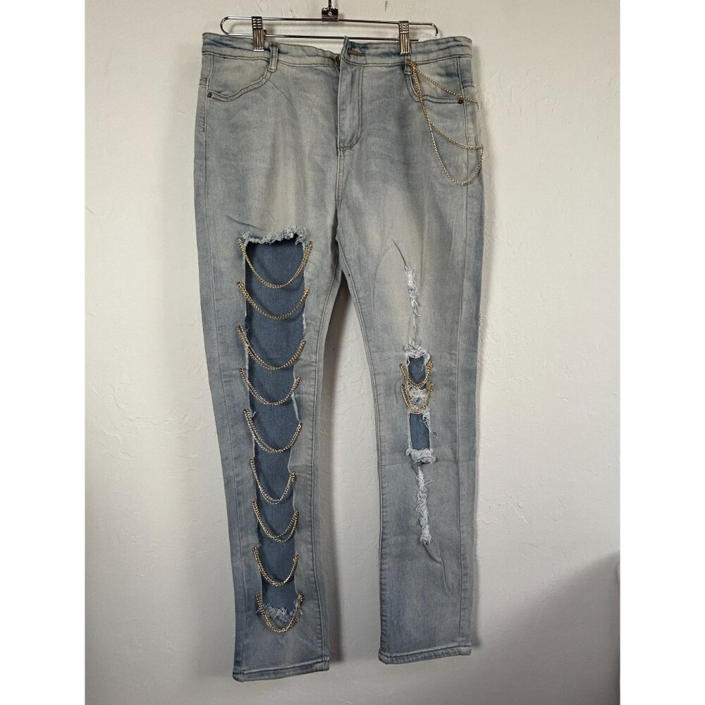 Jeans Womens Size XXL Blue Skinny Slim Fit High-Rise Ripped Chain Denim Stretch